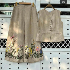 Brown Embroidered Cotton Slub Co-ord Set
