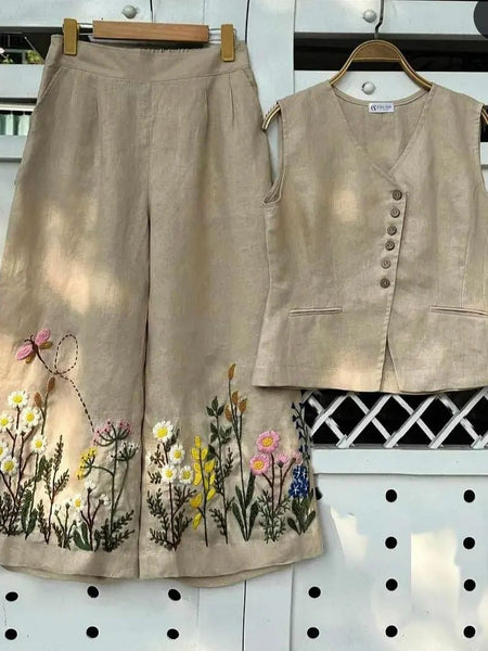 Brown Embroidered Cotton Slub Co-ord Set