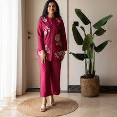 Embroidery Work Cotton Flex Magenta Co_ord Set