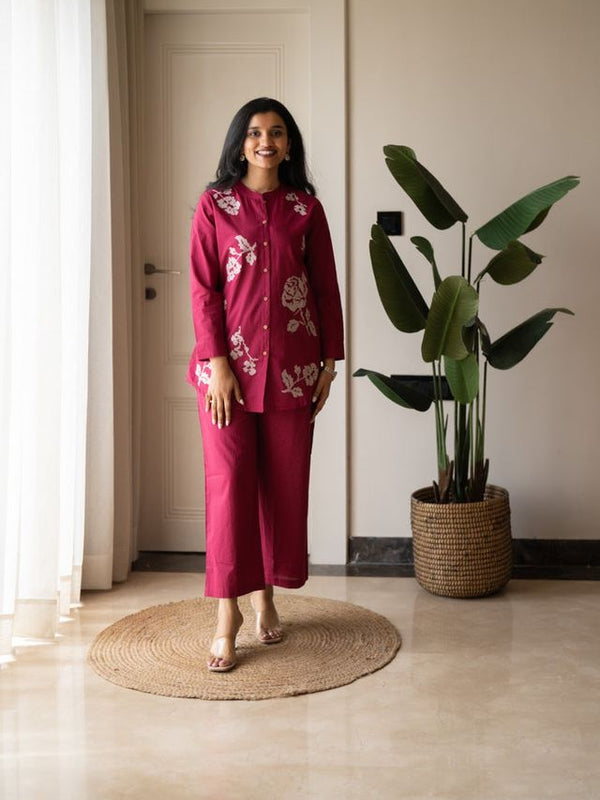 Embroidery Work Cotton Flex Magenta Co_ord Set