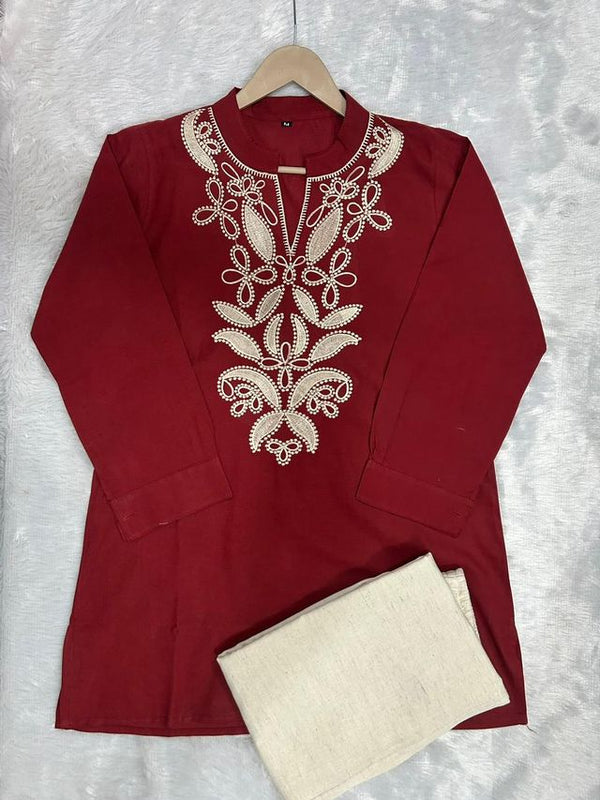 Embroidery Work Maroon Top Pant Set