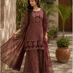 Beautiful Printed Maroon Cotton Gopi Dress Set
