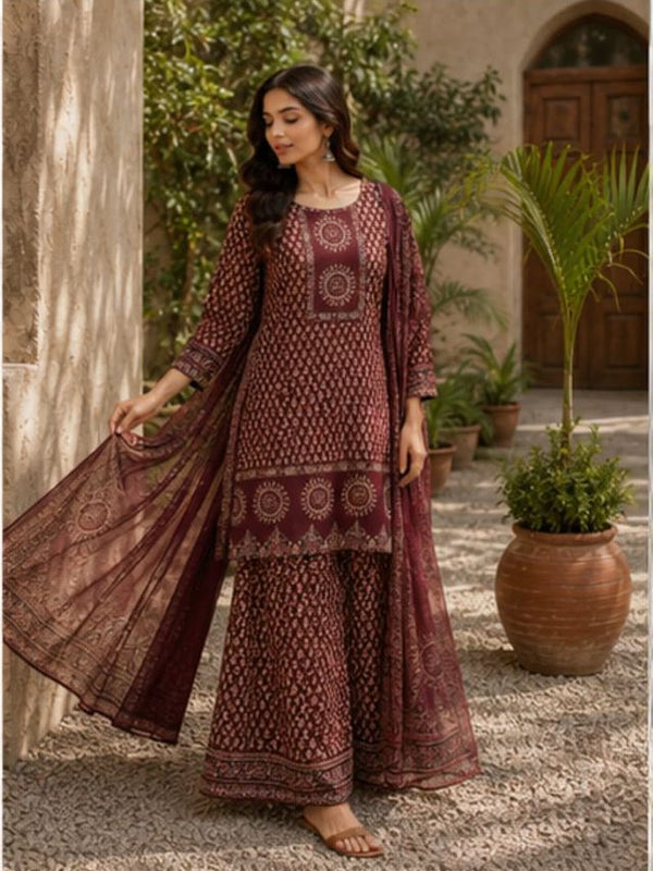 Beautiful Printed Maroon Cotton Gopi Dress Set