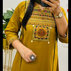 Embroidery Work Mustard Cotton Suit Set