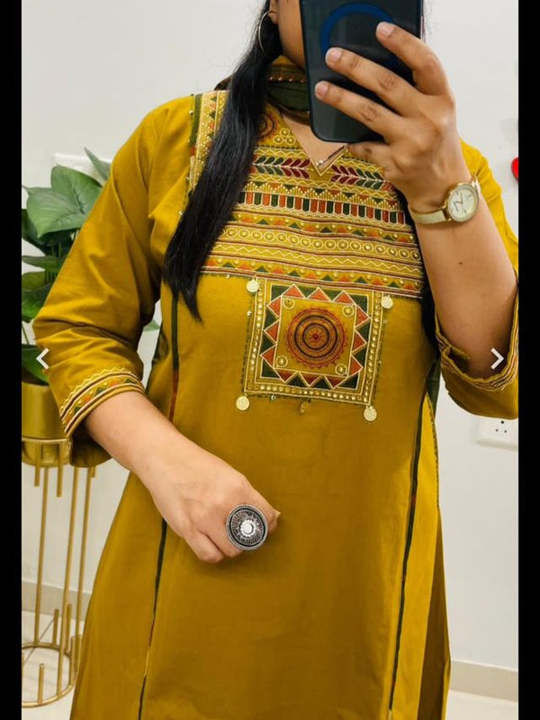 Embroidery Work Mustard Cotton Suit Set