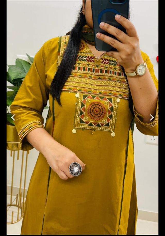 Embroidery Work Mustard Cotton Suit Set