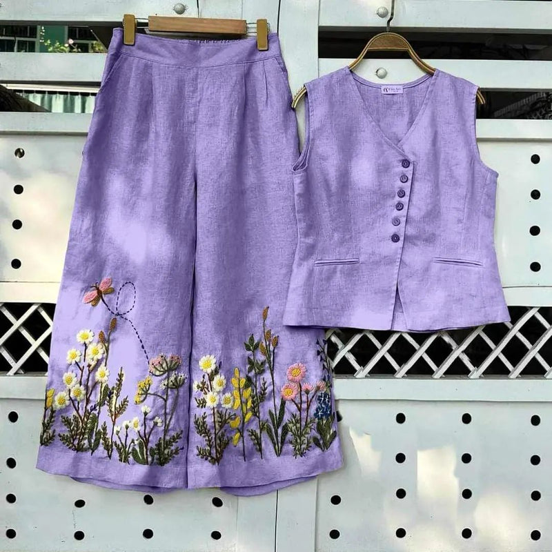Lavender Embroidered Cotton Slub Co-ord Set