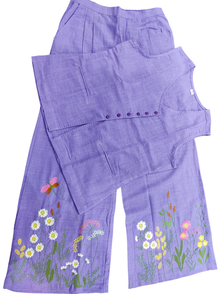 Lavender Embroidered Cotton Slub Co-ord Set