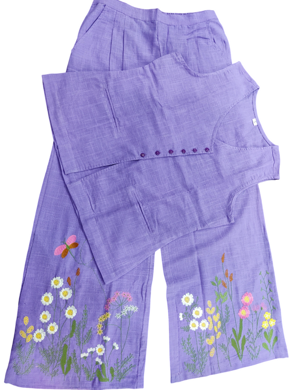 Lavender Embroidered Cotton Slub Co-ord Set