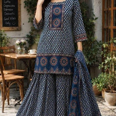 Beautiful Printed Blue Cotton Gopi Dress Set