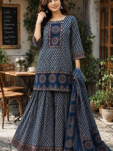 Beautiful Printed Blue Cotton Gopi Dress Set