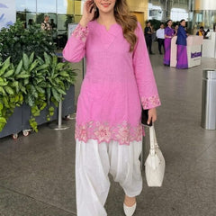 Embroidery Work Baby Pink Cotton Farshi Salwar Set