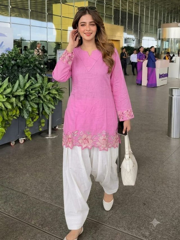 Embroidery Work Baby Pink Cotton Farshi Salwar Set