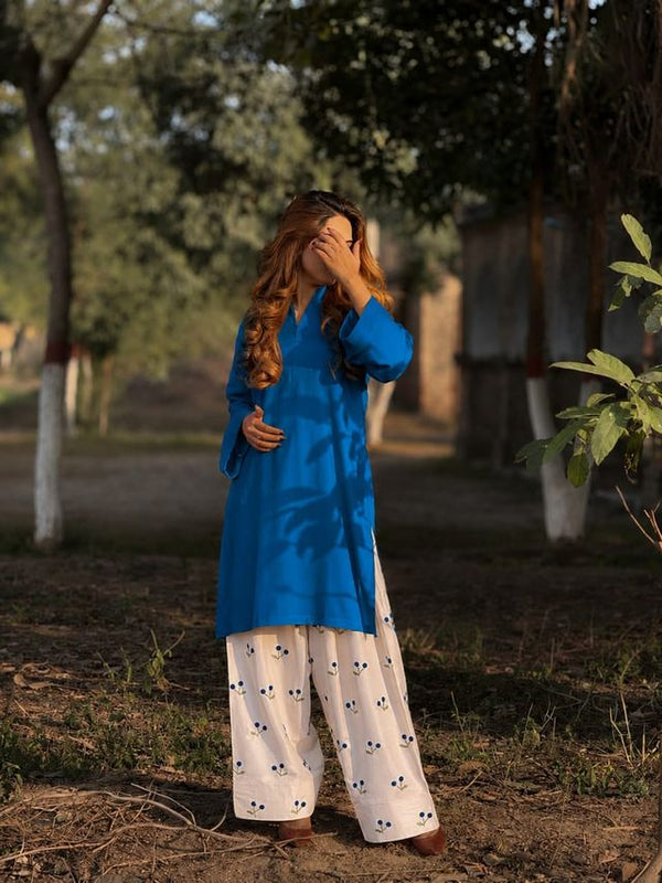 Chery Embroideried Work Blue Farshi Salwar Set